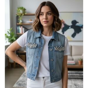 Bongo Vintage Denim vest Pearl Embellishments Blue Size M